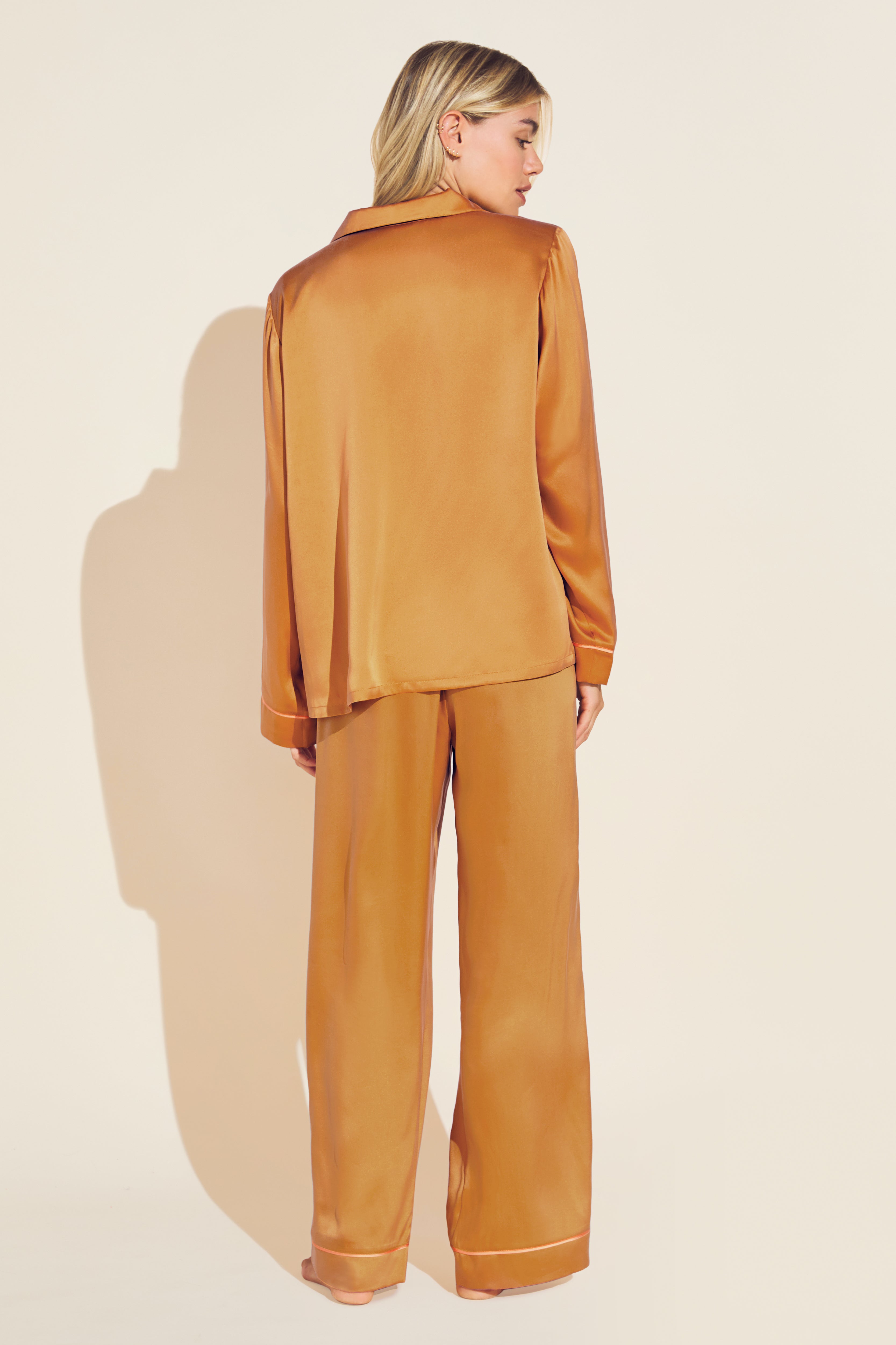 Inez Washable Silk Long PJ Set - Caramel/Bright Orange